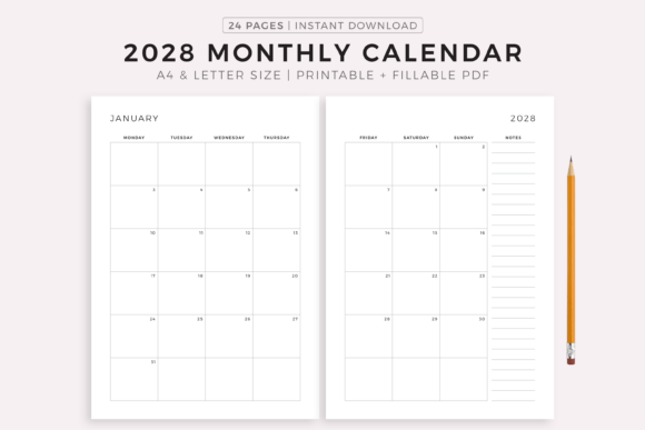 Download 2028 Monthly Calendar on Two Pages - Calendar Collection