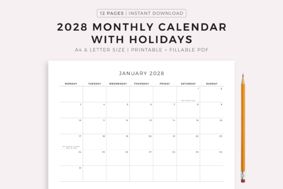 Download 2028 Monthly Calendar with Holidays - Calendar Collection