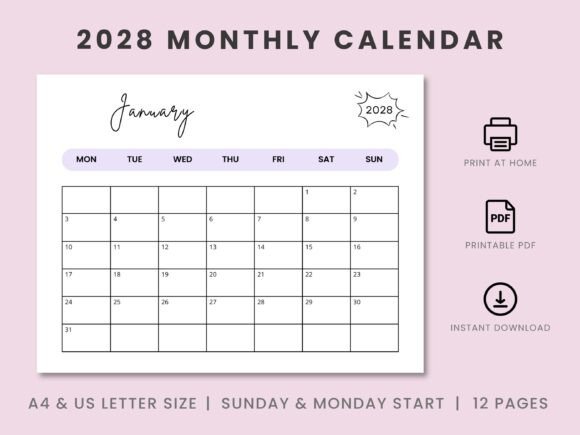 Download 2028 Landscape Monthly Calendar Template - Calendar Collection